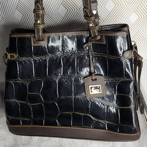 Dooney & Bourke Black Croco Embossed Leather Satchel Double Strap Tote Bag - Picture 1 of 11